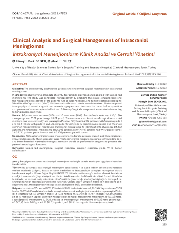 (PDF) Clinical Analysis and Surgical Management of Intracranial Meningiomas