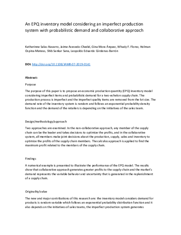 (PDF) An EPQ inventory model considering an imperfect production system ...