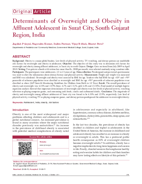 (PDF) Determinants of overweight and obesity in affluent adolescent in ...