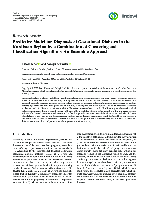 (PDF) Predictive Model for Diagnosis of Gestational Diabetes in the ...
