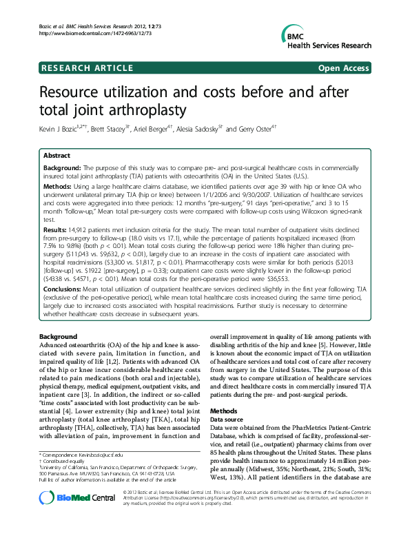 (PDF) Resource utilization and costs before and after total joint ...