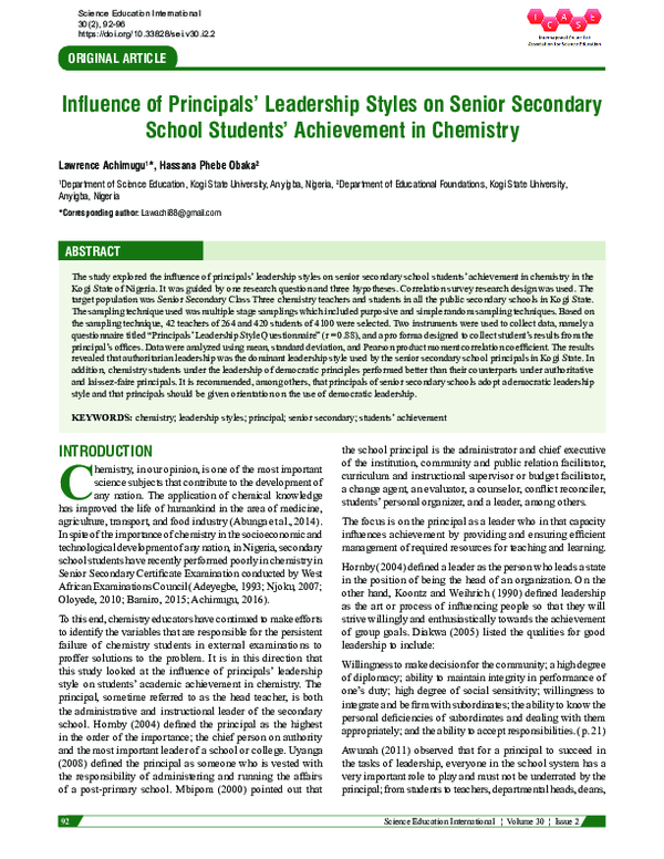 (PDF) Influence of Principals’ Leadership Styles on Senior Secondary ...