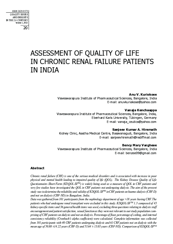 (PDF) Assessment of Quality of Life in Chronic Renal Failure Patients ...