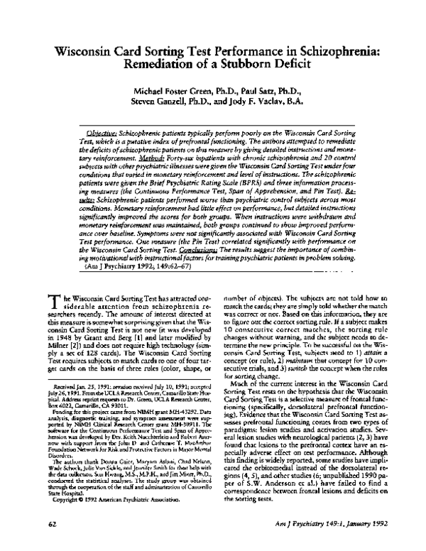 (PDF) Wisconsin Card Sorting Test performance in schizophrenia: the ...