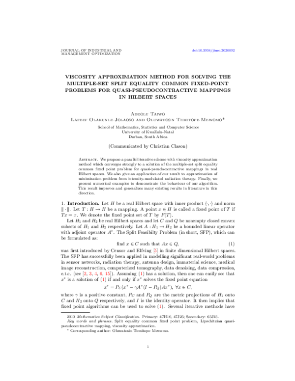(PDF) Viscosity approximation method for solving the multiple-set split ...
