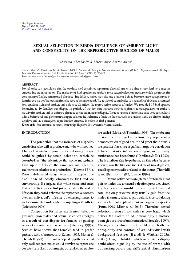 (PDF) Sexual Selection in Birds: Influence of Ambient Light and ...