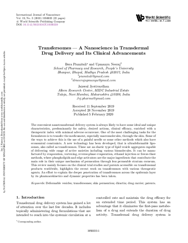 (PDF) Transfersomes -A Nanoscience in Transdermal Drug Delivery and Its ...