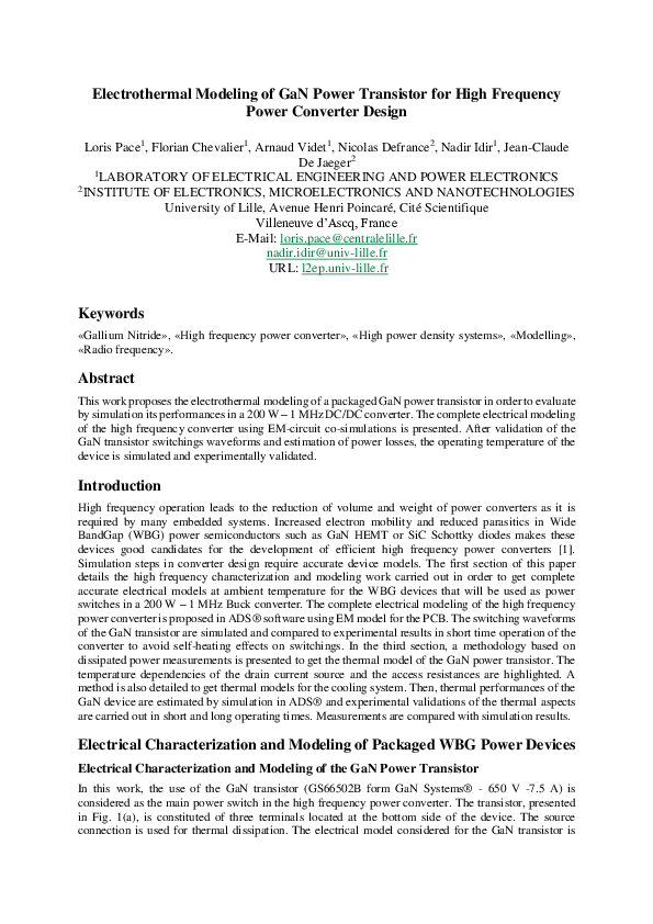 (PDF) Electrothermal Modeling of GaN Power Transistor for High ...