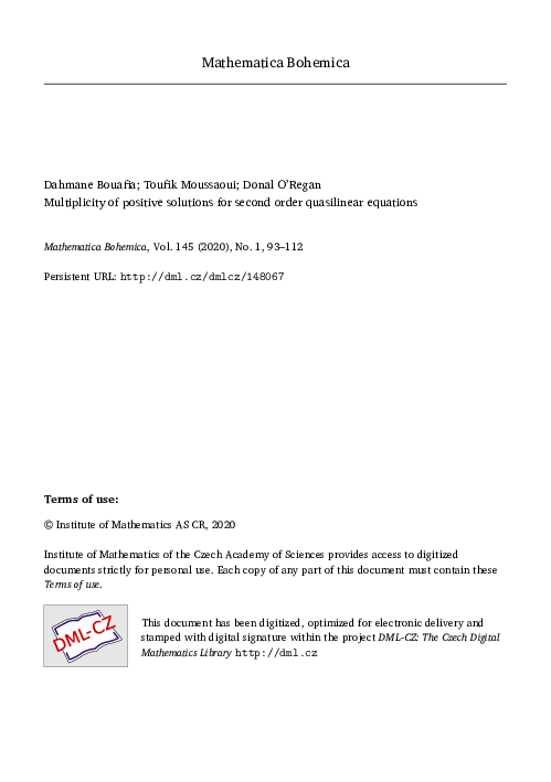 (PDF) Multiplicity of positive solutions for second order quasilinear ...