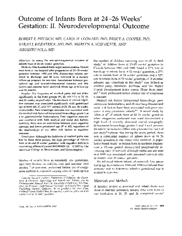 (PDF) Outcome of infants born at 24–26 weeks' gestation: II ...