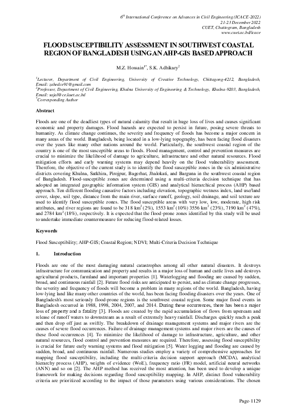(PDF) Flood Susceptibility Assessment in Southwest Coastal Region of ...