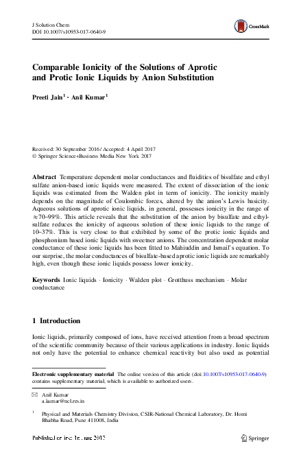 (PDF) Comparable Ionicity of the Solutions of Aprotic and Protic Ionic ...