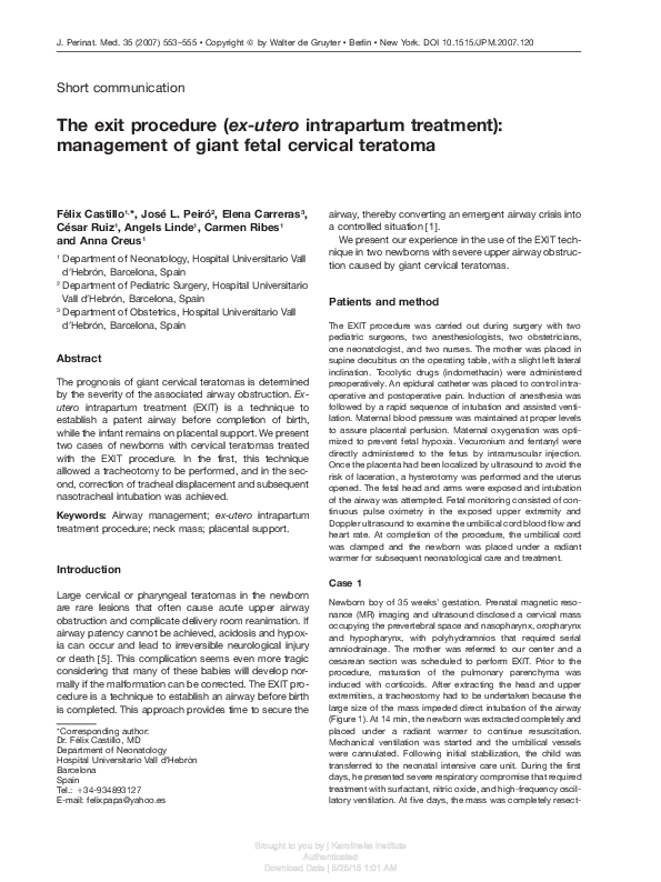(PDF) Exit procedure (Ex utero intrapartum treatment) for giant fetal ...