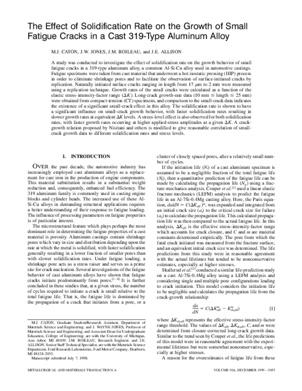 (PDF) The effect of solidification rate on the growth of small fatigue ...