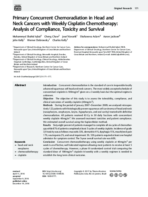 (PDF) Primary Concurrent Chemoradiation in Head and Neck Cancers with ...