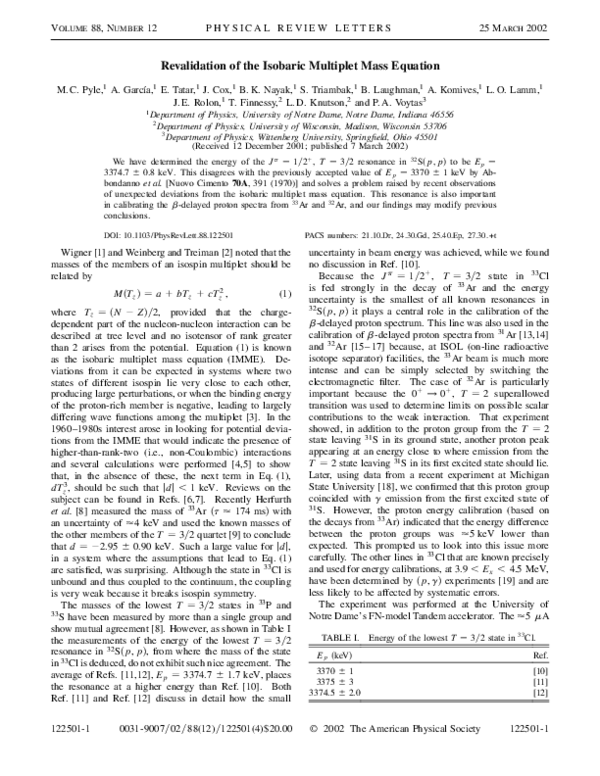 (PDF) Revalidation of the Isobaric Multiplet Mass Equation