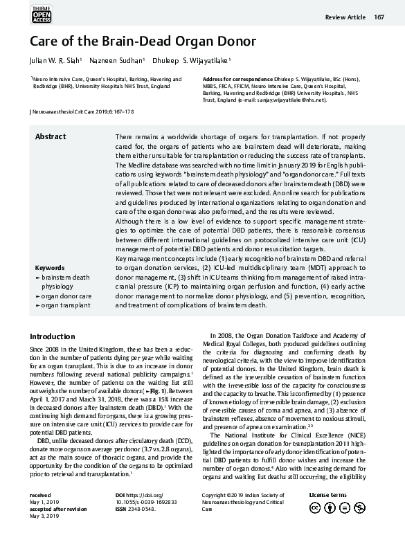 (PDF) Care of the brain-dead organ donor