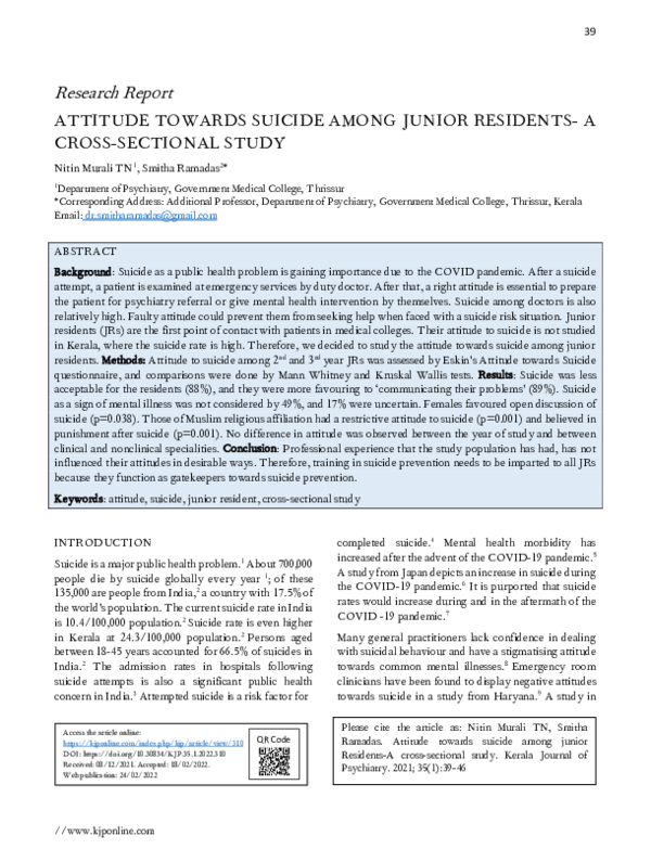 (PDF) Attitude towards suicide among junior residents- A cross ...