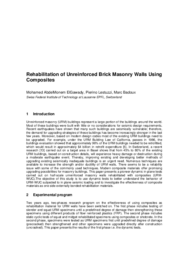 (PDF) Rehabilitation of Unreinforced Brick Masonry Walls Using Composites