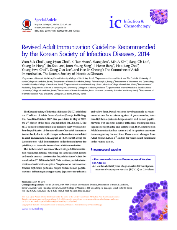 (PDF) Revised adult immunization guideline recommended by the korean ...