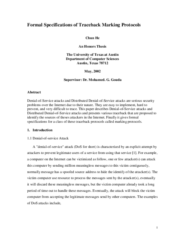 (PDF) Formal Specifications of Traceback Marking Protocols