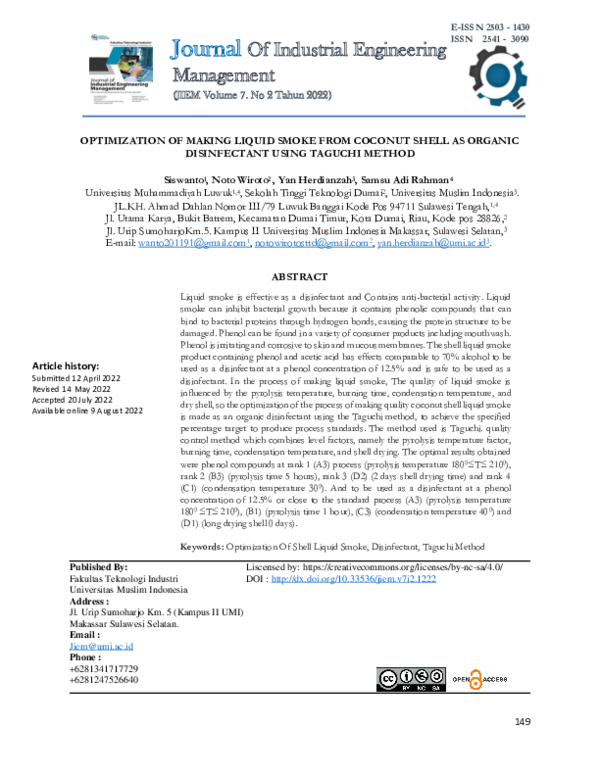 (PDF) Optimization of Making Liquid Smoke from Coconut Shell as Organic ...