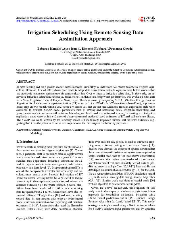 (PDF) Irrigation Scheduling Using Remote Sensing Data Assimilation Approach