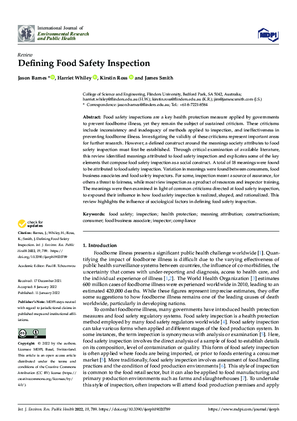(PDF) Defining Food Safety Inspection Harriet Whiley Academia.edu