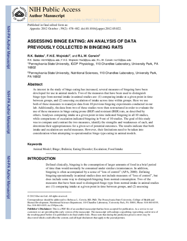 (PDF) Assessing binge eating. An analysis of data previously collected ...