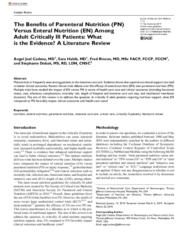 (PDF) The Benefits of Parenteral Nutrition (PN) Versus Enteral Nutrition (EN) Among Adult