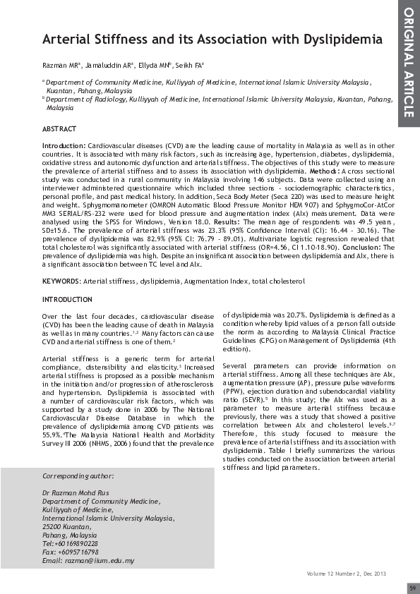 (PDF) Arterial Stiffness and its Association with Dyslipidemia