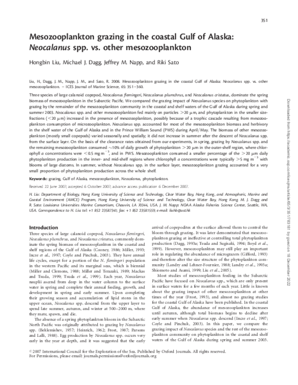 (PDF) Mesozooplankton grazing in the coastal Gulf of Alaska: Neocalanus ...