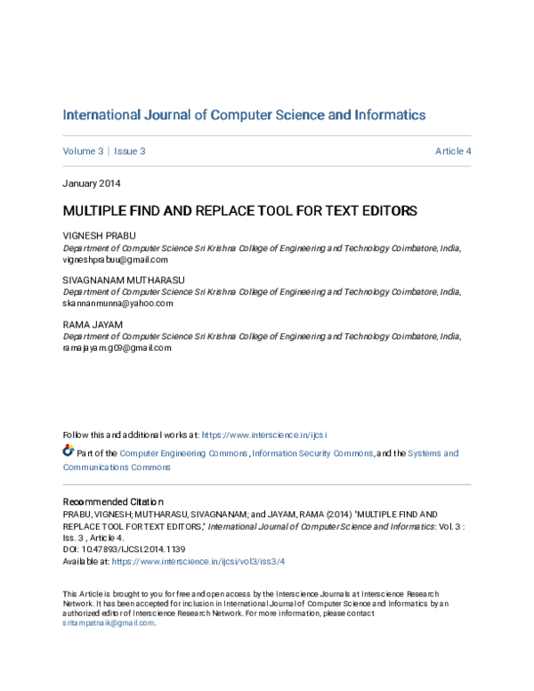 (PDF) Multiple Find and Replace Tool for Text Editors
