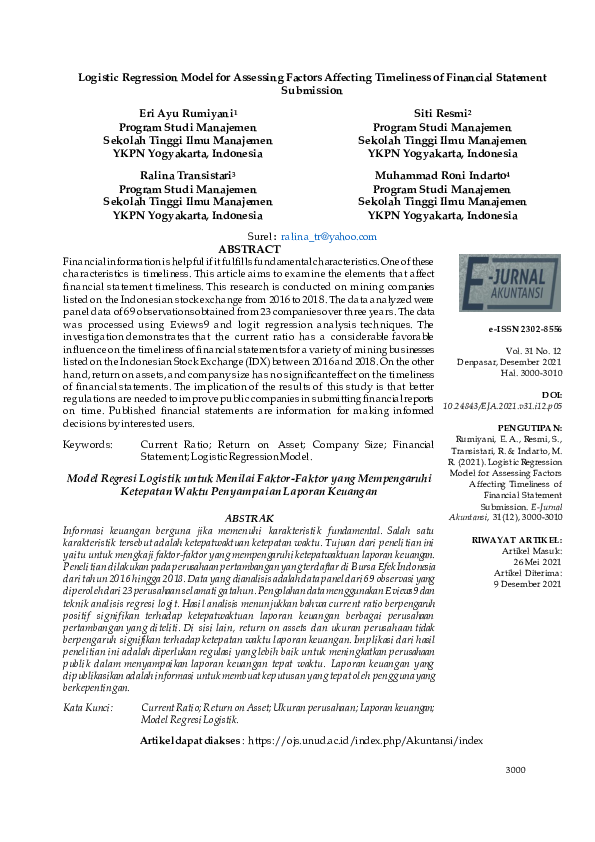 Logistic Regression Model for Assessing Factors Affecting Timeliness of ...