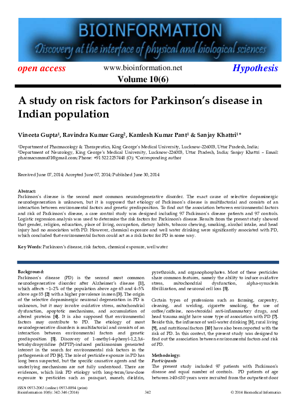 (PDF) A study on risk factors for Parkinson’s disease in Indian population