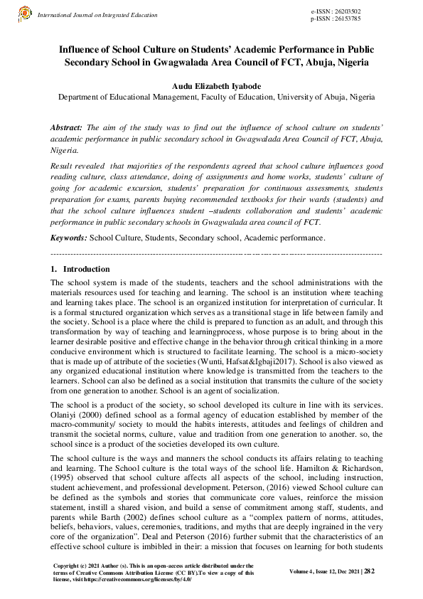 (PDF) Influence of School Culture on Students’ Academic Performance in