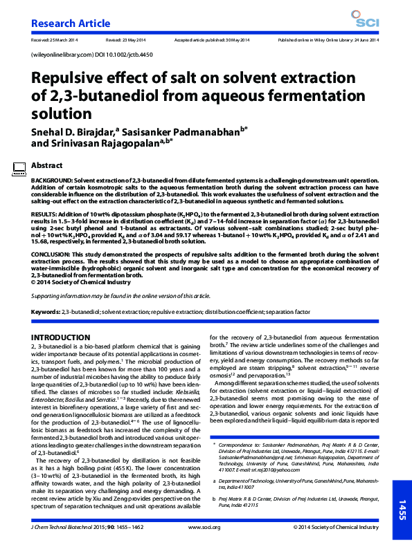 (PDF) Repulsive effect of salt on solvent extraction of 2,3-butanediol ...