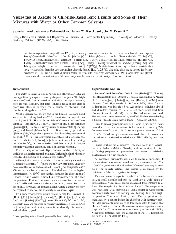 (PDF) Viscosities of Acetate or Chloride-Based Ionic Liquids and Some ...