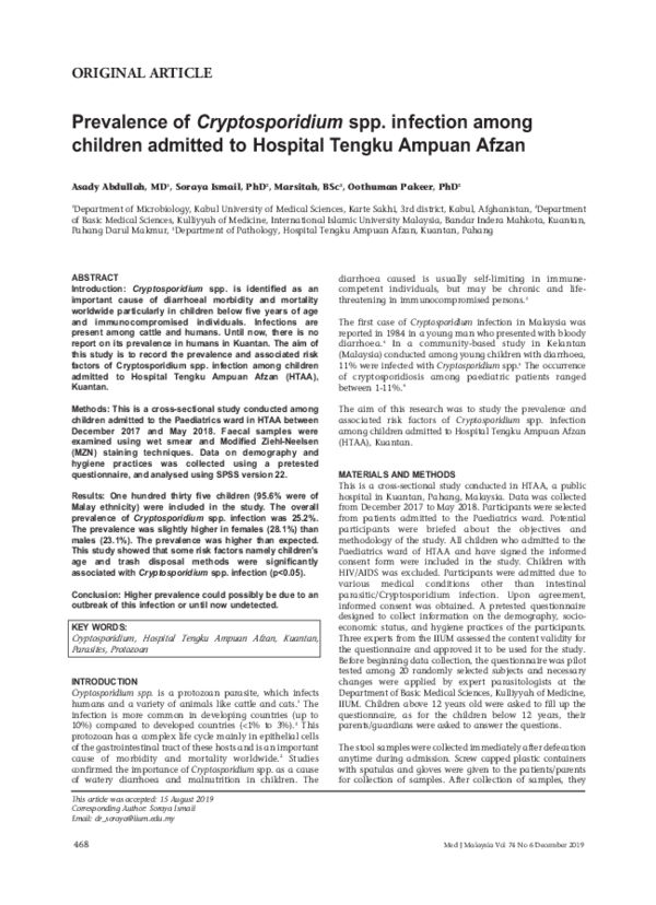 (PDF) Prevalence of Cryptosporidium spp. infection among children ...