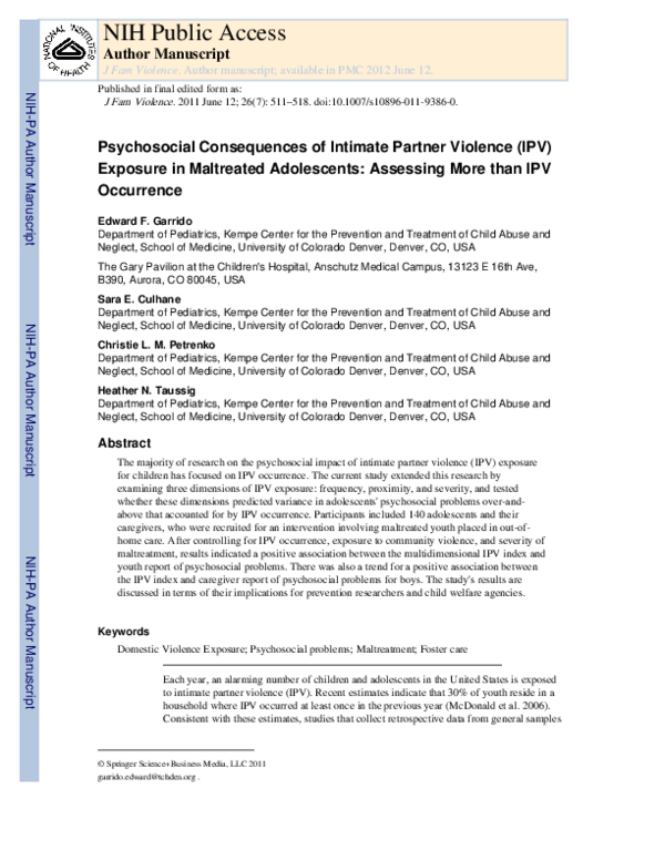(PDF) Psychosocial Consequences of Intimate Partner Violence (IPV ...