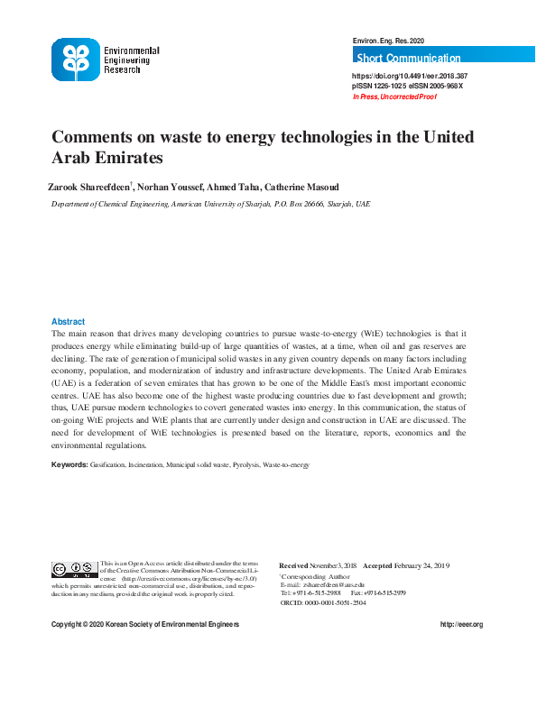 (PDF) Comments on waste to energy technologies in the United Arab Emirates