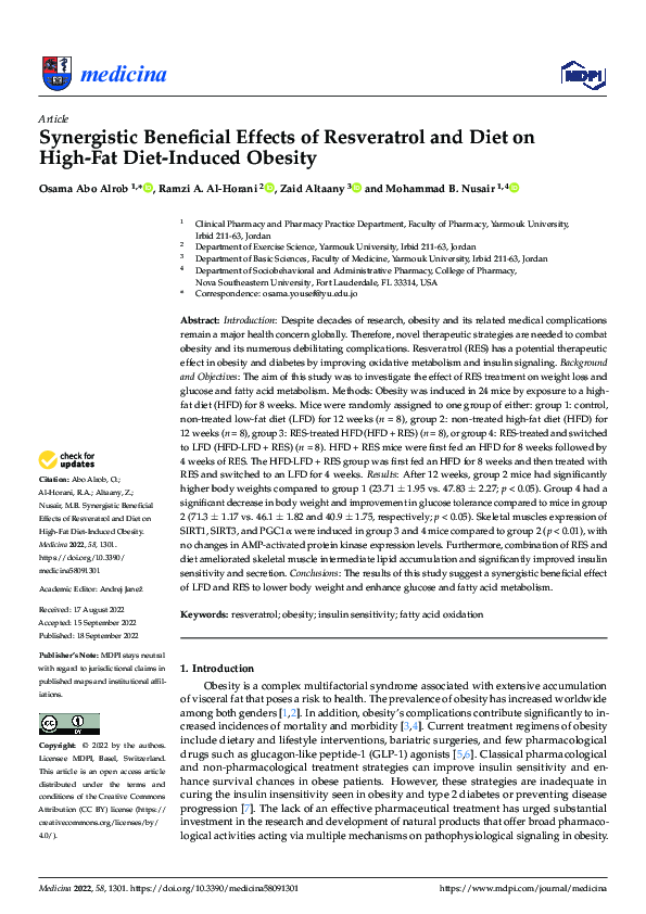 (PDF) Synergistic Beneficial Effects of Resveratrol and Diet on High ...