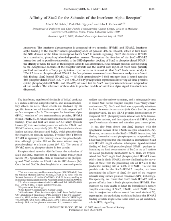 (PDF) Affinity of Stat2 for the Subunits of the Interferon Alpha Receptor
