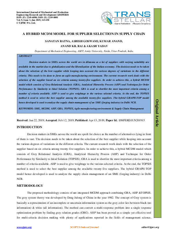 (PDF) A Hybrid MCDM Model for Supplier Selection in Supply Chain