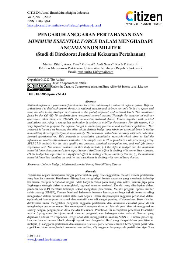 (PDF) Pengaruh Anggaran Pertahanan Dan Minimum Essential Force Dalam ...