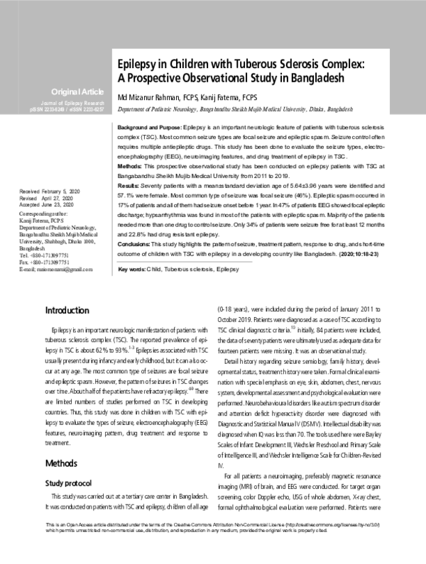 (PDF) Epilepsy in Children with Tuberous Sclerosis Complex: A ...