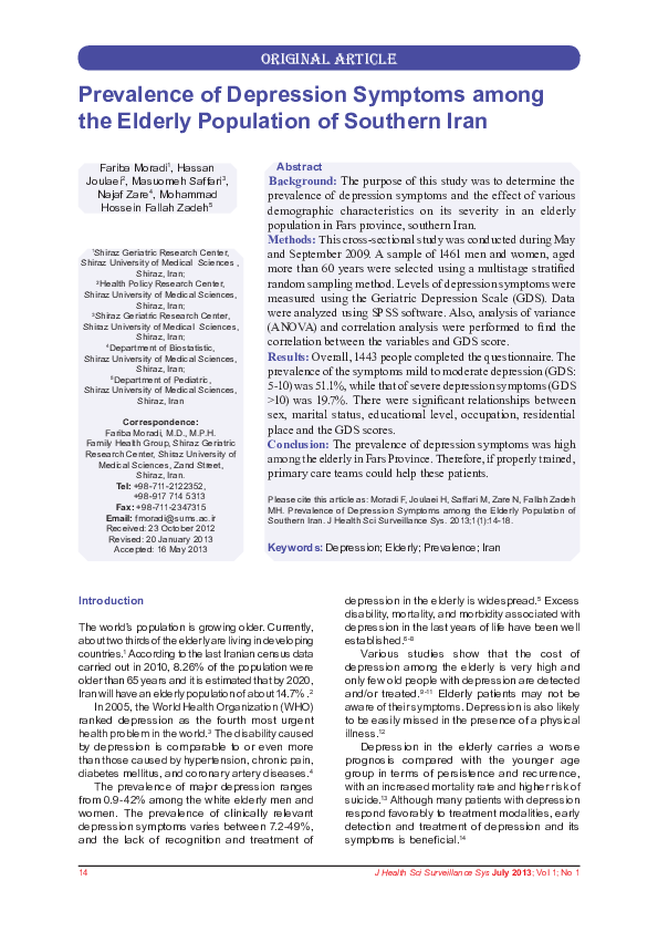 (PDF) Prevalence of Depression Symptoms among the Elderly Population of ...