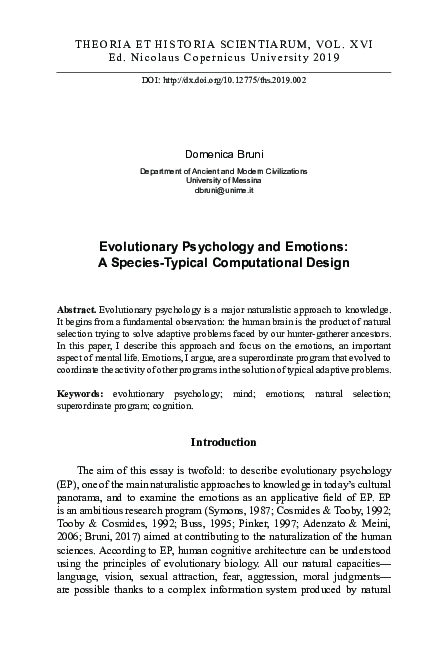 (PDF) Evolutionary Psychology and Emotions: A Species-Typical ...
