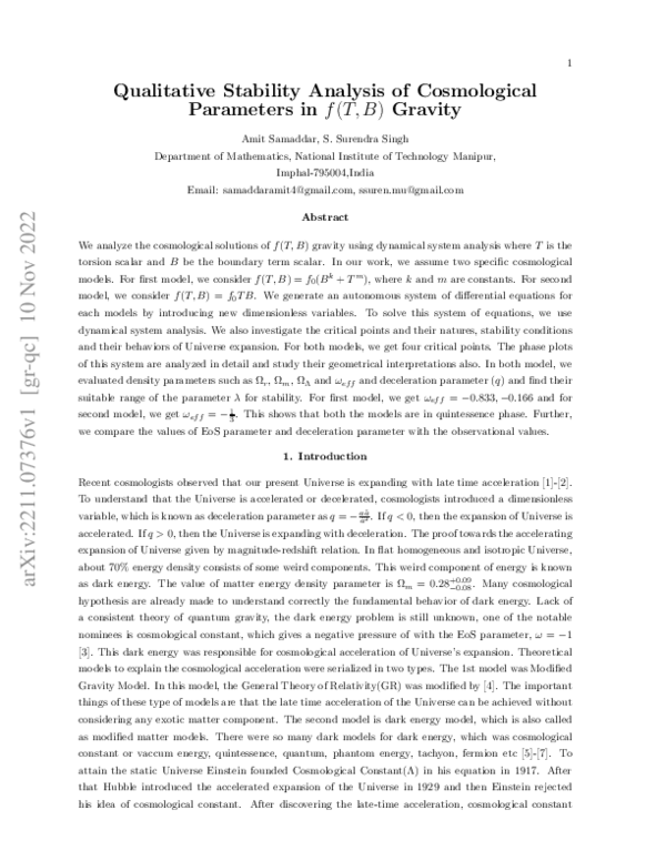 (PDF) Qualitative Stability Analysis of Cosmological Parameters in $f(T ...