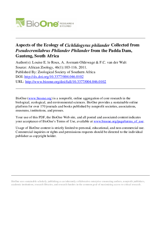 (PDF) Aspects of the Ecology of Cichlidogyrus philander Collected from ...